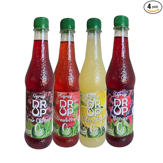 DROP Syrup Variety Pack Natural Sugar-Free 16.9fl oz,Premium Flavoring,30% Concentrate Stevia for Drinks,Sodas,Desserts and more. 500ml (Pack of 4)