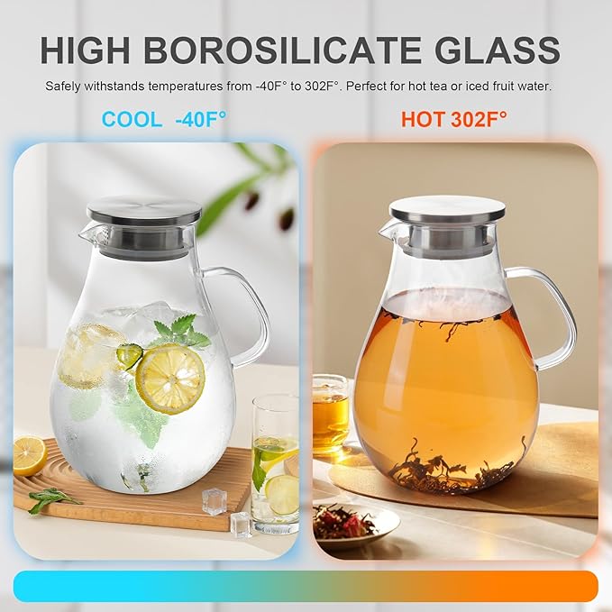 2L Large Glass Pitcher Water Jug with Lid – Hot and Cold Water Carafe for Tea Juice Fruit Infused Water, Perfect for Family Meals Parties