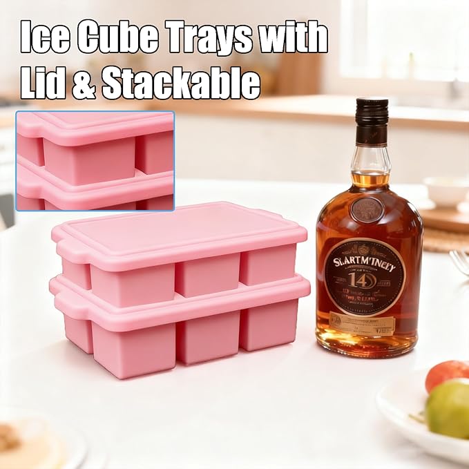 Silicone Ice Cube Tray with Lid 8-Cavity Reinforced Steel Frame Ice Cube Trays Easy Release BPA-Free Makes 3 Large Square & 5 Small Rectangular Ice Trays for Cocktails Whiskey Coffee,Pink
