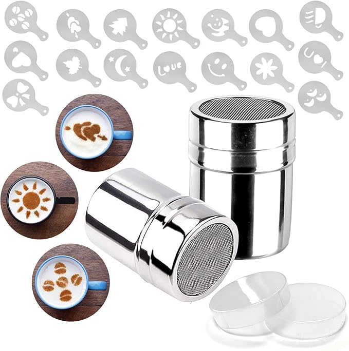 2 Pack Chocolate Shaker Powdered Sugar Shaker Duster 16 Coffee templates Set for Cream,Powdered Sugar,Cocoa,Cappuccino,for Kitchen,Drinks,Baking (18)