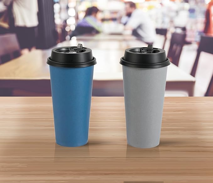 LITOPAK 100 Pack 20 oz Disposable Paper Coffee Cups with Lids for Coffee, Water, Juice, or Tea, Blue and Gray Hot Paper Cups for Home, Restaurant, Store, and Cafe