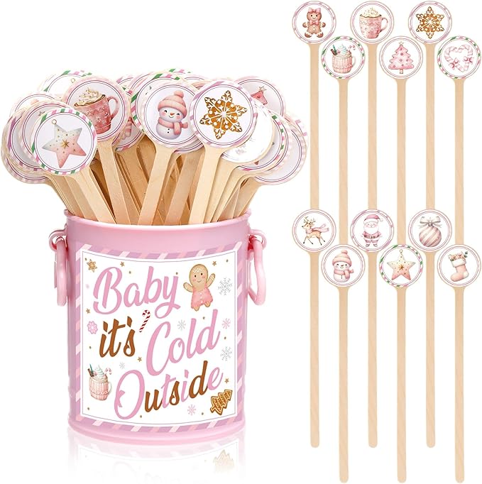 121 Pcs Christmas Wooden Coffee Stirrers with Holder and Wood Cocktail Coffee Stir Sticks Baby It's Cold Outside Disposable Drink Stirrers for Stirring Hot Restaurant Home Office(Pink)