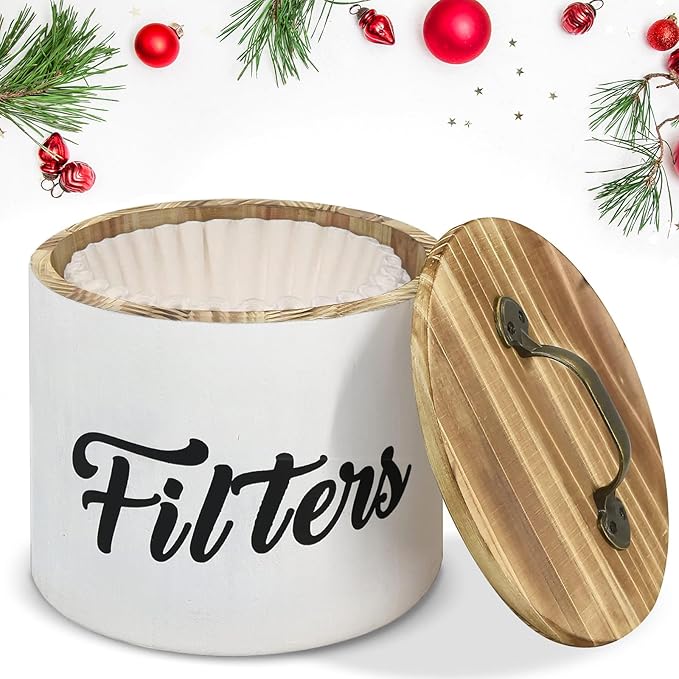 Coffee Filter Holder, Farmhouse White Filter Storage Container Basket for Counter, Wooden Case, Coffee Bar Accessories