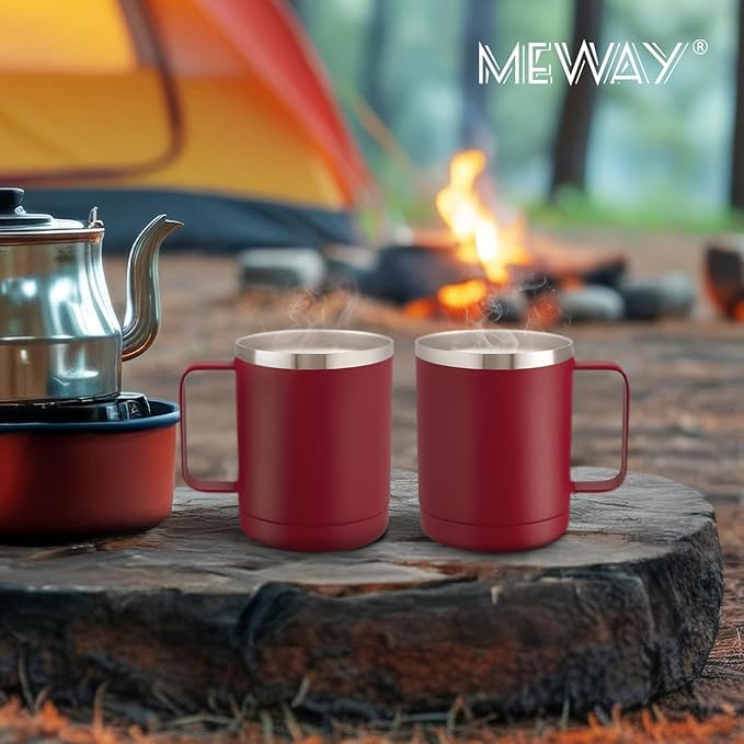 MEWAY 12oz Coffee Mug With Handle 8 Pack Bulk,Stainless Steel Insulated Travel Tumblers With Sliding Lid,Double Wall Vacuum Camping Cup for Hot & Cold Drinks Tea (Red,Set of 8)