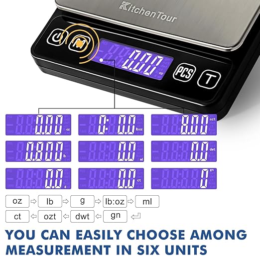 KitchenTour Digital Kitchen Gram Scale - 3000g/0.1g - High Accuracy Precision Food Scale with 9 Units(g/oz/ml/lb/lb:oz/gn/ozt/DWT/ct) - Meat Scale with Back-Lit LCD Display(Batteries Included)