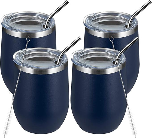 MEWAY 12oz/4 Pack Wine Tumbler Glasses with Lid - Stemless Double Wall Vacuum Stainless Steel Travel Tumbler - Keeping Cold & Hot for Wine,Coffee,Cocktails,Drinks-Family and Gifts (Navy,Set of 4)