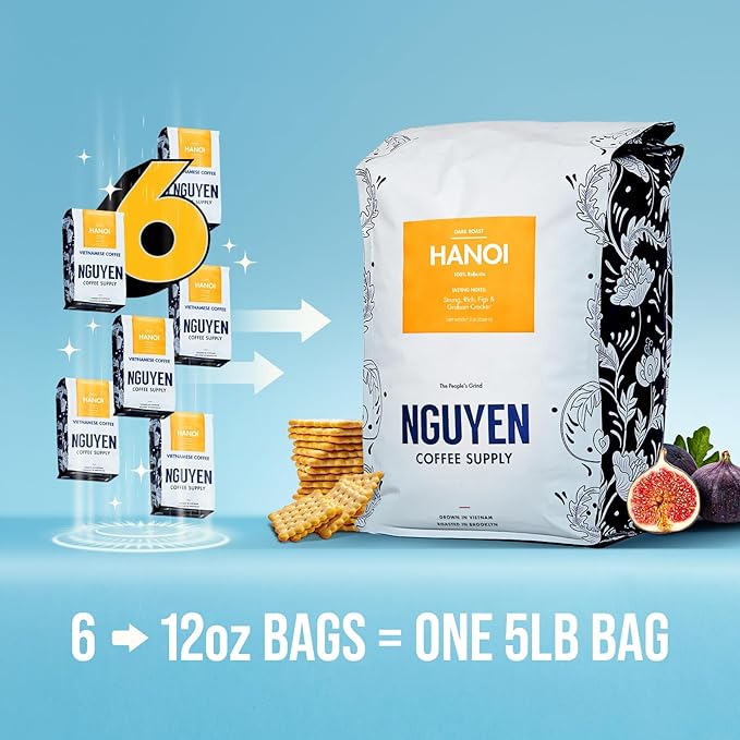 Nguyen Coffee Supply - Hanoi Robusta: Dark Roast Premium Ground Coffee Beans, Vietnamese Single Origin, Direct Trade, Low Acid with High Caffeine Content, Roasted in Brooklyn [5 lb Bag]