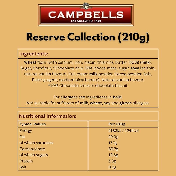 Campbells Shortbread Reserve Collection Carton 7.4 Oz (Pack of 3) - Scottish All-Butter Shortbread Cookies from Scotland, Chocolate Chip & Assorted Variety, Gourmet British Tea Biscuits & Gift Box