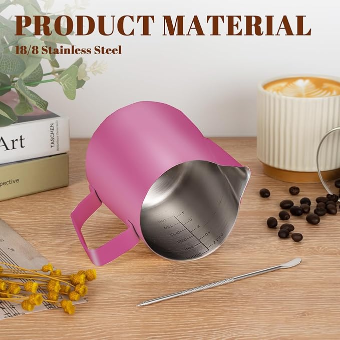 Milk Frothing Pitcher, 12 oz Milk Frother Cup with Clear Scale, 304 Stainless Steel Cappuccino Espresso Machine Accessories for Barista Coffee Bar with Latte Art Pen, Rose Red