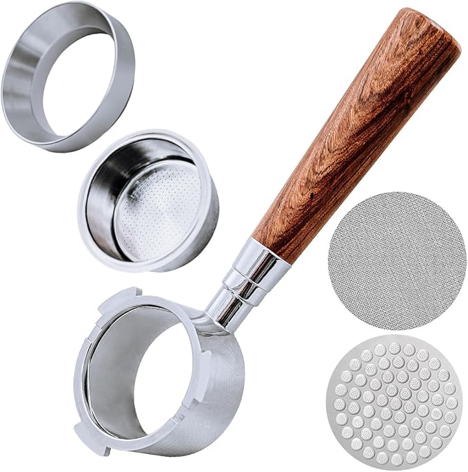 51mm Bottomless Portafilter with 3 Ears – Includes Magnetic Dosing Funnel, Etched & Sintered Filter Screens, Double Shot Basket, Stainless Steel Holder with Redwood Handle, Fits DeLonghi51mm Machines