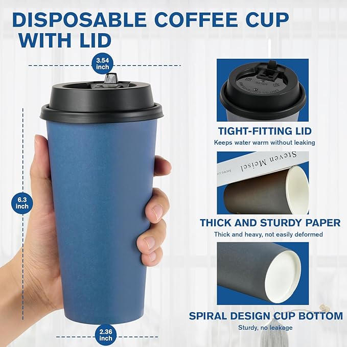 LITOPAK 100 Pack 20 oz Disposable Paper Coffee Cups with Lids for Coffee, Water, Juice, or Tea, Blue and Gray Hot Paper Cups for Home, Restaurant, Store, and Cafe