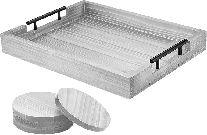 Coffee Table Tray Decorative, Serving Tray with Handles - 17x13 Inch Wood Tray for Ottoman, Breakfast