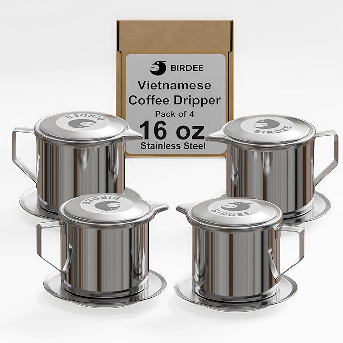Birdee Vietnamese Coffee Dripper - 16oz (Pack of 4), Stainless Steel, Large Drip Filter, Durable, Dishwasher Safe, Home Use, Travel, Camping, Gift Sets