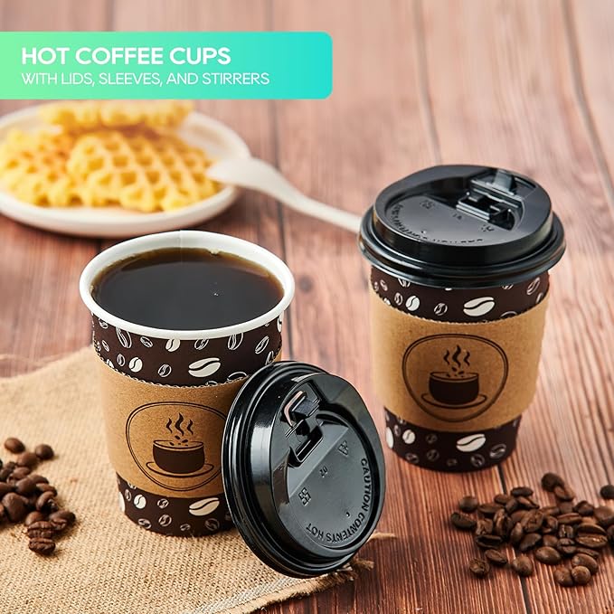 JOLLY PARTY Disposable Coffee Cups with Lids, Sleeves and Straws - 12oz(100 Pack) Paper Coffee Cups with Lids, Hot Cup for Shops, Cafes, and Concession Stands(Dark Brown)