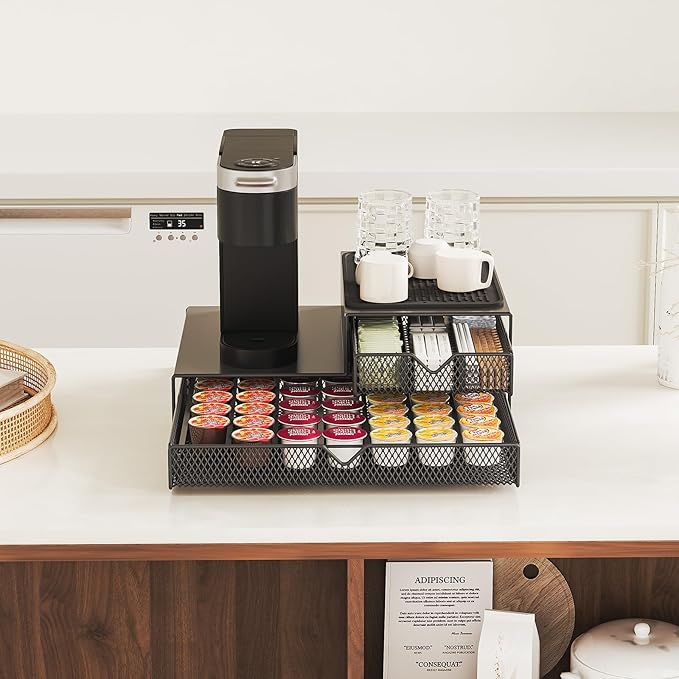 Coffee Maker Countertop Organizer,K Cup Pod Drawers,60 Coffee Capsule Pod Holder,Integrated Design Requires No Assembly.Slidng Storage Pod Baskets,Pod Stands,Silicone Drink Coasters