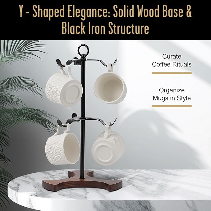 Mug Tree Y-Shaped, Coffee Mug Holder with Angled - Out Iron Hooks (No More Squeezing!), Solid Wood Base & Sturdy Iron Coffee Cup Rack, 6 Hook, Tools Included, Easy Install, Elevate Kitchen Nook Décor