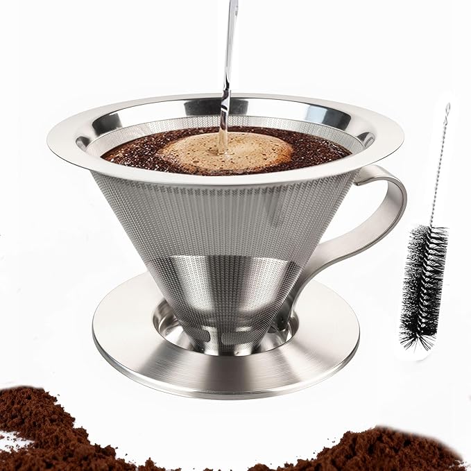 Pour Over Coffee Dripper,Double Mesh Stainless Steel Filter,Paperless Strainer Reusable Cone Coffee Filter With Handle, Maker 1-4 Cups