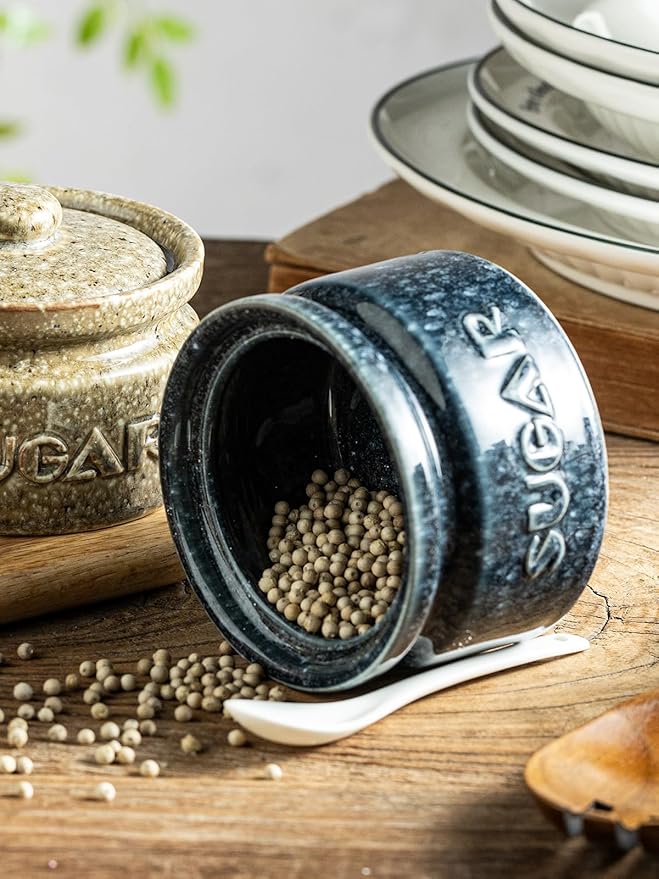 Gomakren Sugar Bowl with Lid and Spoon, Sugar Container Sugar Dish 10oz, Ceramic Sugar Jar for Coffee Bar, Kitchen, Countertop - Modern Farmhouse Kitchen Christmas Decor, Blue