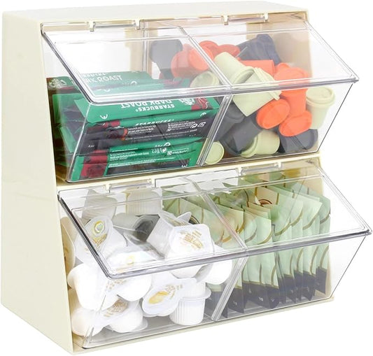 Bokelai Creamer Holder Plastic Tea Bag Organizer with Lid Large Capacity K Cup Countertop Organizer Versatile Desk Storage Station for Capsule Suger Pods Face Mask Cream/Clear