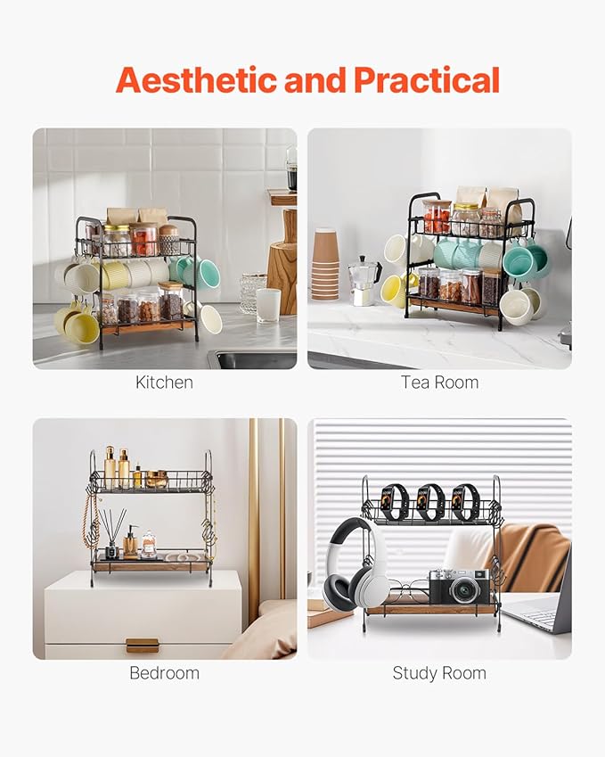 VEVOR 2 Tier Coffee Bar Organizer for Countertop, Multifunctional Mug Holder and Coffee Station, 12 Movable Hooks and 2 Shelves for Coffee Accessories Storage and Display, Home Office (Matte Black)