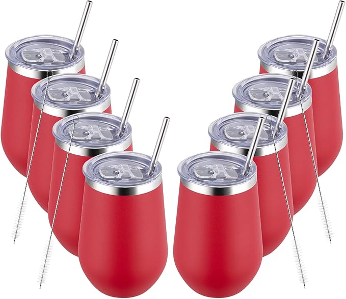 MEWAY Durable 12oz Stainless Steel Wine Tumbler with Lid and straw - Vacuum Insulated Coffee and Wine Cups for Travel, Parties, and Outdoor Events(Red, Set of 8)