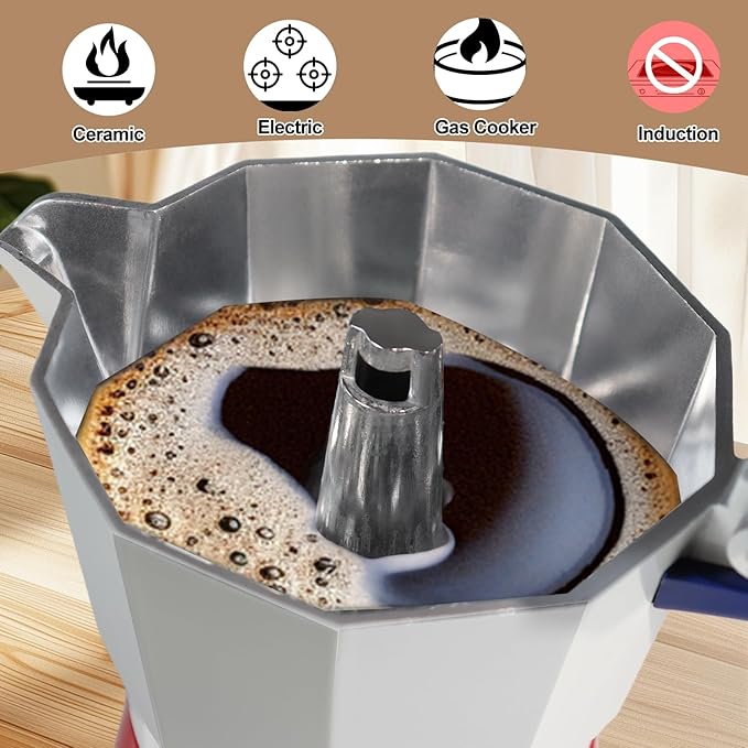 Aluminum 6 Cup 300ml Moka Pot Express Coffee Maker Stovetop Espresso Colorful Coffeemaker Italian Classic Style Brewing Greca Cafe Mocha Machine for Cafeteras Lover Camping Travel and Home Use 10oz