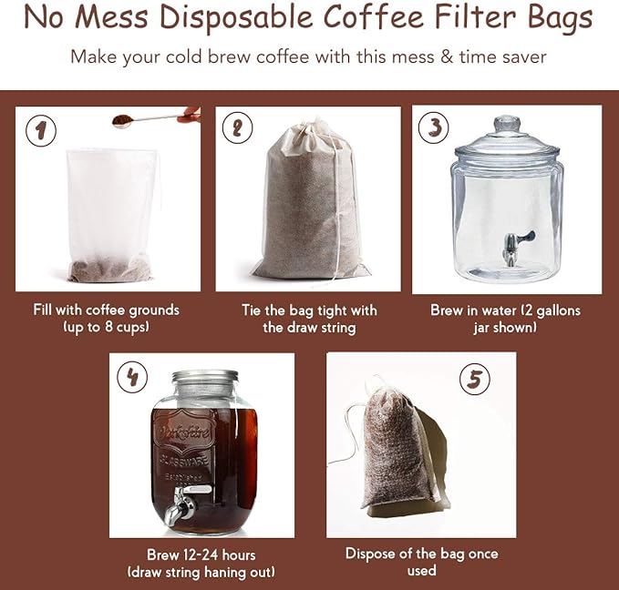 Disposable Cold Brew Coffee Filters - 50 Count Single Use Filter Sock Packs Fine Mesh Brewing Bags for Concentrate, Iced Coffee Maker, French/Cold Press Kit, Tea in Mason Jar, 8 x 12 Inches