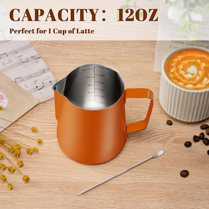 Milk Frothing Pitcher, 12 oz Milk Frother Cup with Clear Scale, 304 Stainless Steel Cappuccino Espresso Machine Accessories for Barista Coffee Bar with Latte Art Pen, Orange