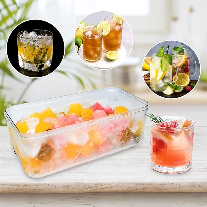 Ice Trays for Freezer with Lid & Bin, Ice Cube Tray Making 64 pcs Ice Cubes, Easy Press to Release Ice, Ice Tray with Storage Bin Chilling Cocktail Whiskey Coffee 2 Trays 1 Ice Bucket & Scoop (Green)