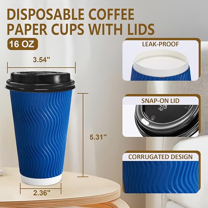 500 Pack Coffee Cups with Lids 16oz, Disposable Insulated Ripple Wall To Go Paper Coffee Cups for Hot/Cold Drinks Office Home Shop Event (Navy)