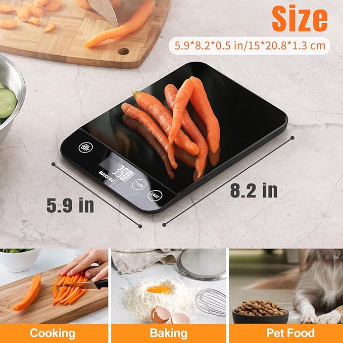 33LB Digital Kitchen Scale, Food Scale Rechargeable with Tempered Glass, Grams and Ounces, USB Charging, 1g High Accuracy for Baking, Cooking, Food BK807 Grey
