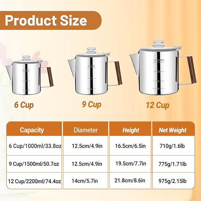 No Coating 9 Cup Percolator Coffee Pot 304 Stainless Steel Moka Pot Stovetop Espresso Maker Italian Greca Cuban Machine 1500ml 50.7oz Suitable for Gas Induction Stovetop Camping Kettle