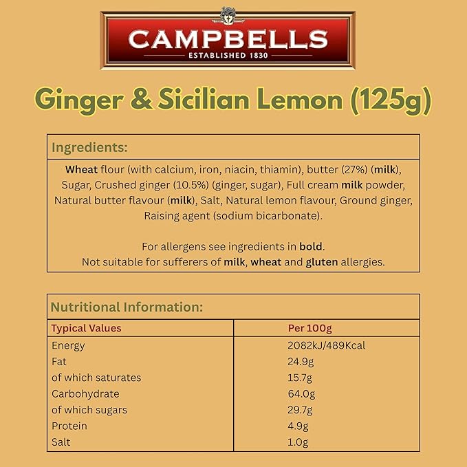 Campbells Shortbread with Stem Ginger & Sicilian Lemon 4.41 Oz (125g) - Pure Butter Scottish Shortbread Cookies from Scotland, Ginger Lemon Cookies, Gourmet British Tea Biscuits & Gift Box