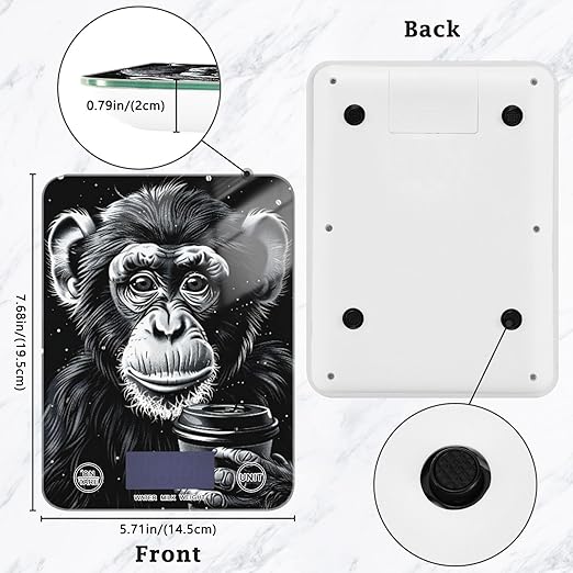 Monkey Drink Coffee Digital Food Scale – Fashion Design, 11lb/0.01oz, Tempered Glass, Kitchen Scales with LCD Display for Baking & Cooking, Batteries Not Included