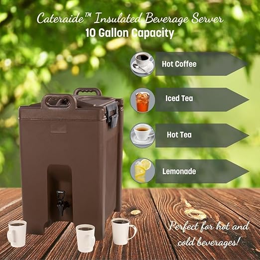 Carlisle FoodService Products Cateraide Insulated Beverage Dispenser with Handles for Catering, Kitchen, and Restaurants, Plastic, 10 Gallons, Brown