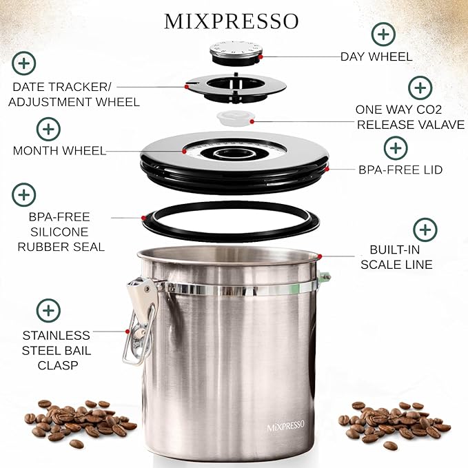 Mixpresso 16 Oz Coffee Canister with Scoop, Stainless Steel Airtight Coffee Container, Air tight Jar Tea Storage with Date Tracker, Vacuum Sealed Espresso Airtight Canister, Sugar Container for Home