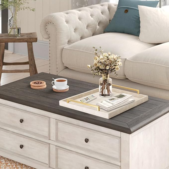 Large Ottoman Tray for Coffee Table,Square Shagreen Leather Decorative Tray with Gold Handles for Living Room Decor