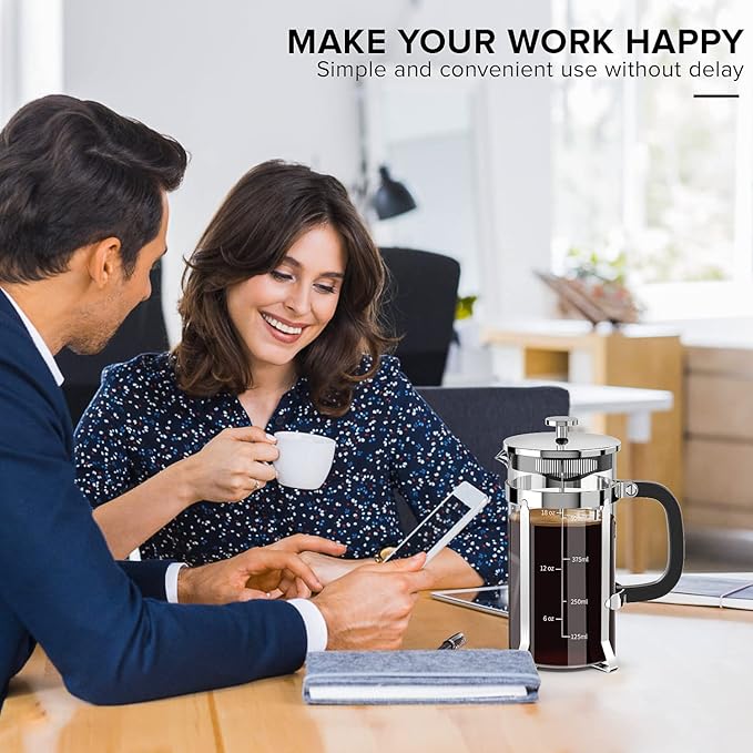 QUQIYSO French Press Coffee Maker 304 Stainless Steel French Press with 4 Filter, Heat Resistant Durable, Easy to Clean, Borosilicate Glass Coffee Press, 100% BPA Free Glass Teapot, 21 ounce, Silver