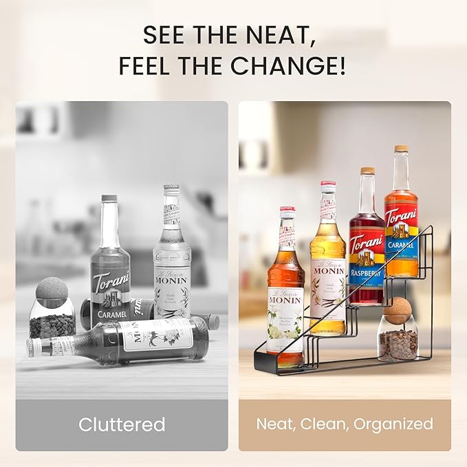 mustry Coffee Syrup Rack for Coffee Bar Accessories, Coffee Syrup Holder Fits with Torani and Monin Syrup, Coffee Bar Organizer Holds 4 Bottles, 2 Pack