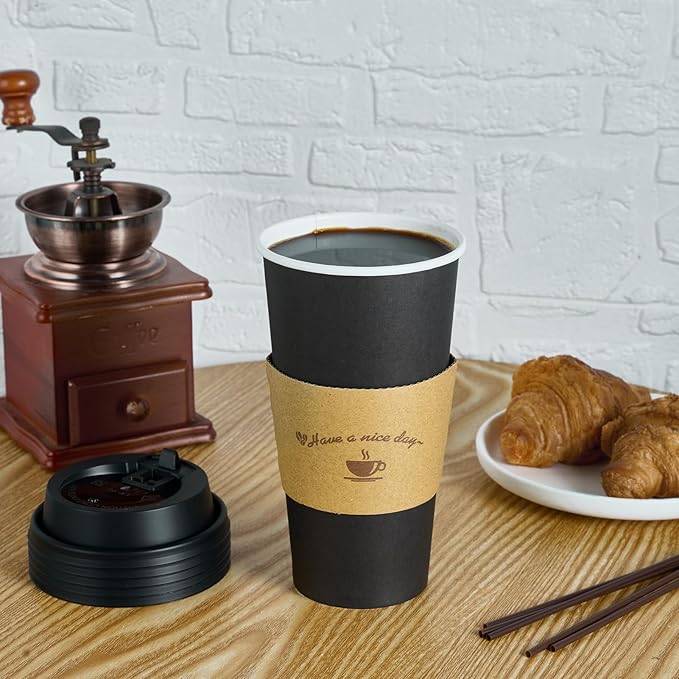 LITOPAK 50 Pack 20 oz Paper Coffee Cups for Hot Chocolate Drinks, Black Disposable Coffee Cups with Lids, Sleeves and Stirring Sticks for Parties, Picnic, Travel, and Events