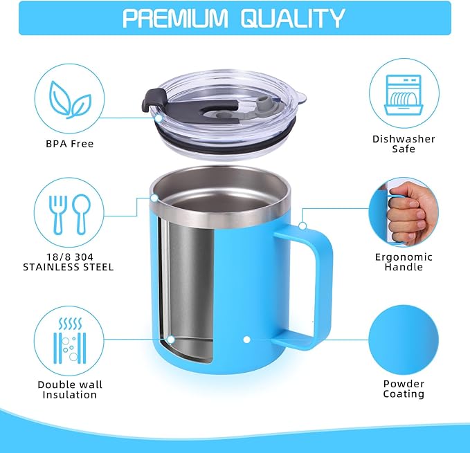 Volhoply 12oz Insulated Leakproof Coffee Mug with Flip & Straw Lid Bulk 4 Pack,Double Wall Vacuum Stainless Steel Travel Tumbler Cup with Handle,Camping Mugs Keep Cold/Hot(Blue,4 Set)
