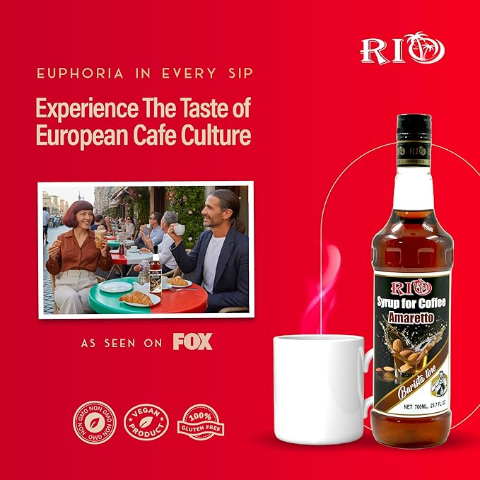 RIO Amaretto Flavoring Coffee Syrup Perfect for Hot or Iced Drinks and Desserts, Sweet and Nutty taste, Sweetened with Pure Cane Sugar, Barista-Grade  Flavor Syrups For Coffee Drinks at Home & Work - 700ml