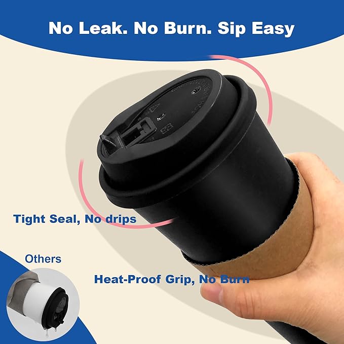 12 oz 100 Pack Coffee Cups with Lids and Sleeves, Straws, Hot Disposable To Go Travel Paper Cups Bulk for Office, Home Coffee Bar Accessories, Chocolate, Cocoa, Beverage (Black)