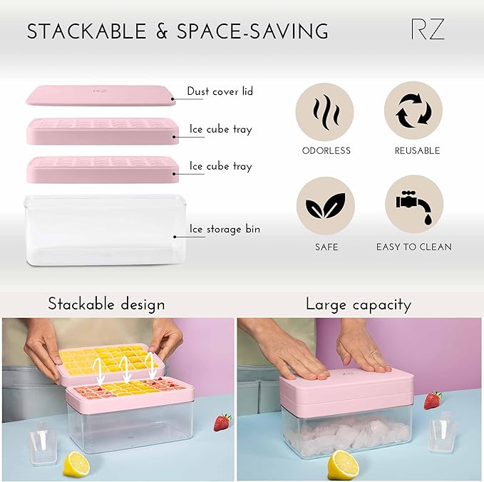 Rachel Zoe 2-Piece Stackable Ice Cube Tray with Bin Set, BPA Free 56 Cubes Ice Tray for Freezer with Bucket, Scoop and Easy Release Lid, for Fruit & Herb Infusions, Cocktails, Iced Coffee Drinks