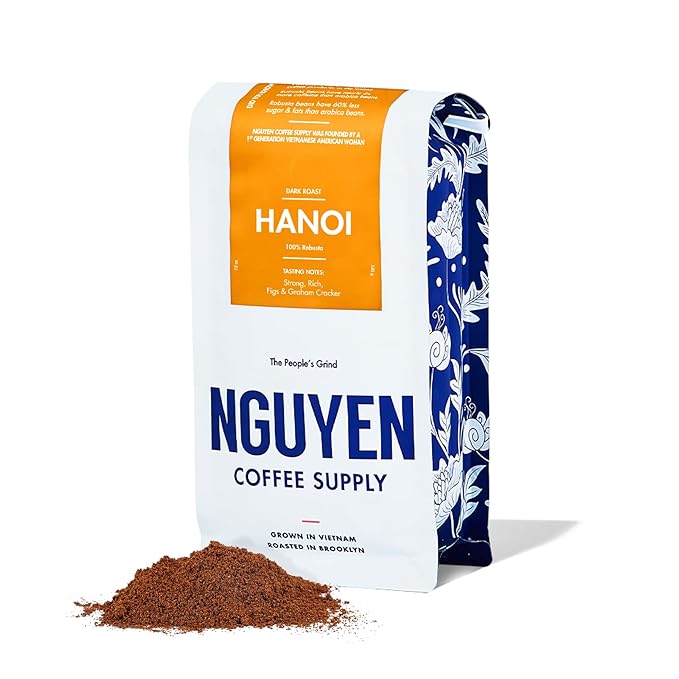 Nguyen Coffee Supply - Hanoi Robusta: Dark Roast Premium Ground Coffee Beans, Vietnamese Single Origin, Direct Trade, Low Acid with High Caffeine Content, Roasted in Brooklyn [12 oz Bag]