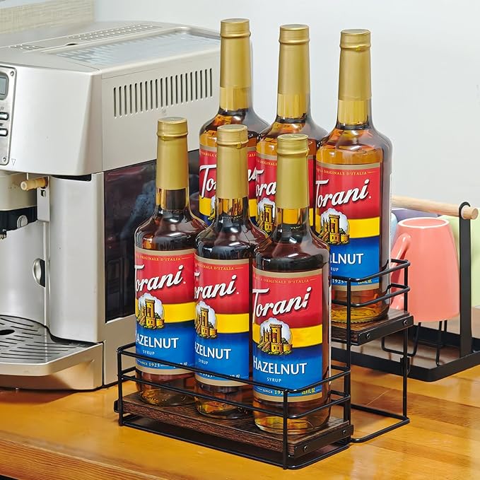 6 Bottle Capacity Coffee Syrup Rack Organizer, 2 Tier Coffee Syrup Stand Shelf, Storage Shelves for Coffee Bar, Small Wine Rack for Bar Family Storage for Syrup Wine Dressing