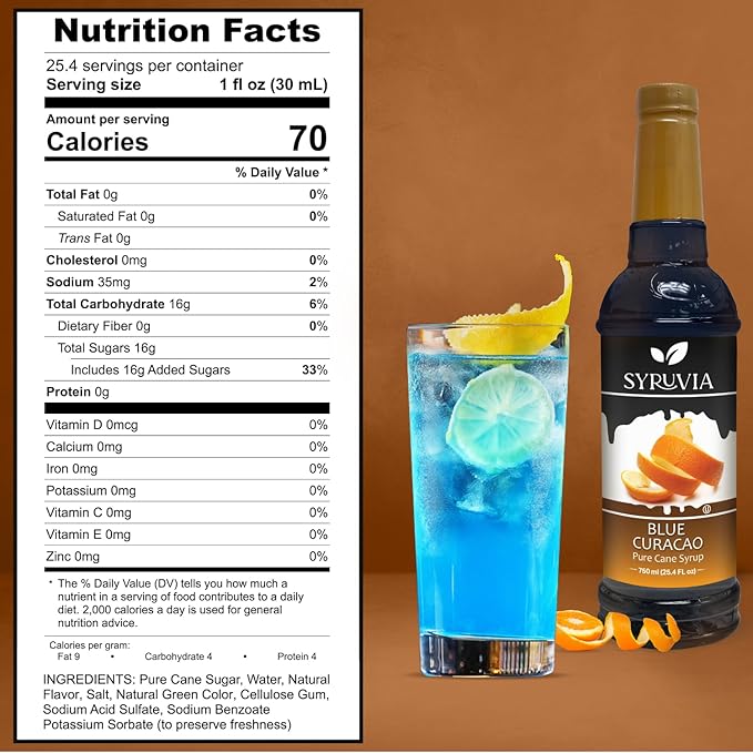Syruvia Blue Curacao Syrup, Flavored Syrup for Cocktails, Drinks, Lemonades, Iced Teas, and Desserts – 25.4 fl oz