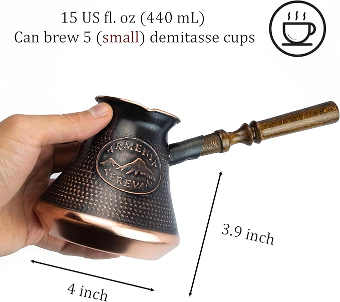 Handmade Armenian Coffee Pot Maker 15 Fl Oz - Copper Jazva Ararat Turkish Arabic Greek Cezve Jezve Ibrik Turka Jazve Wooden Handle (5 cup (15 US fl.oz)) Brown
