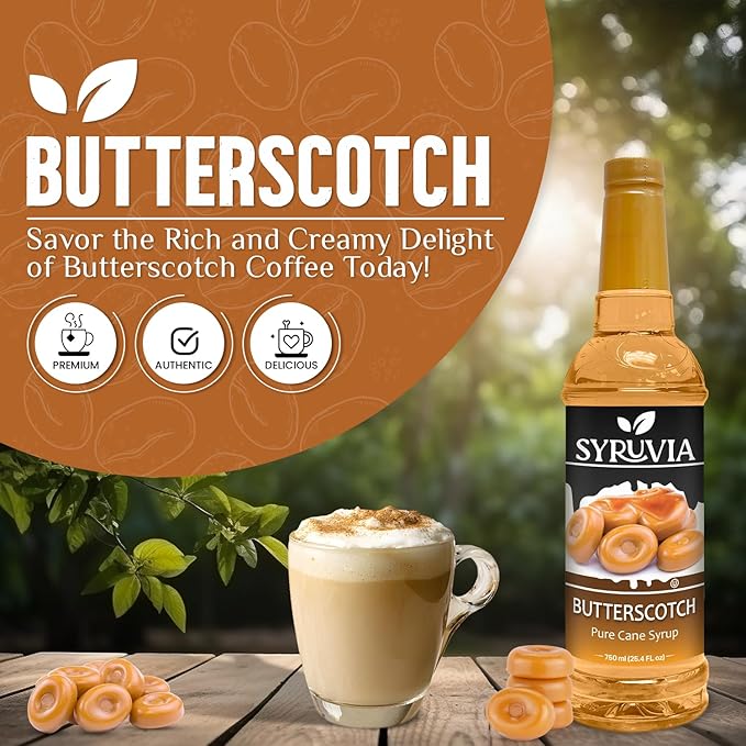 Syruvia Butterscotch Coffee Syrup - 25.4 fl oz Premium Coffee Flavoring Syrup - Kosher Coffee Syrups, Gluten Free, No Coloring, Perfect for Drinks, Soda, Shakes, and More With Pump