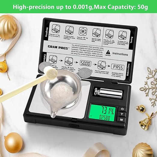 High Precision Milligram Scale,50g/0.001g Digital Mini Pocket Gram Scale,Mg Scale for Weighing Powders,Jewelry, Medicine, Gem, Reloading, with Cal Weight, Tweezer ，Tray and Scoop